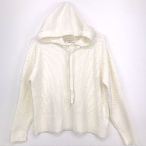 Lucky Brand Creamy White Ribbed Knit Drawstring Hooded Boxy Pullover Sweater - Picture 1 of 15